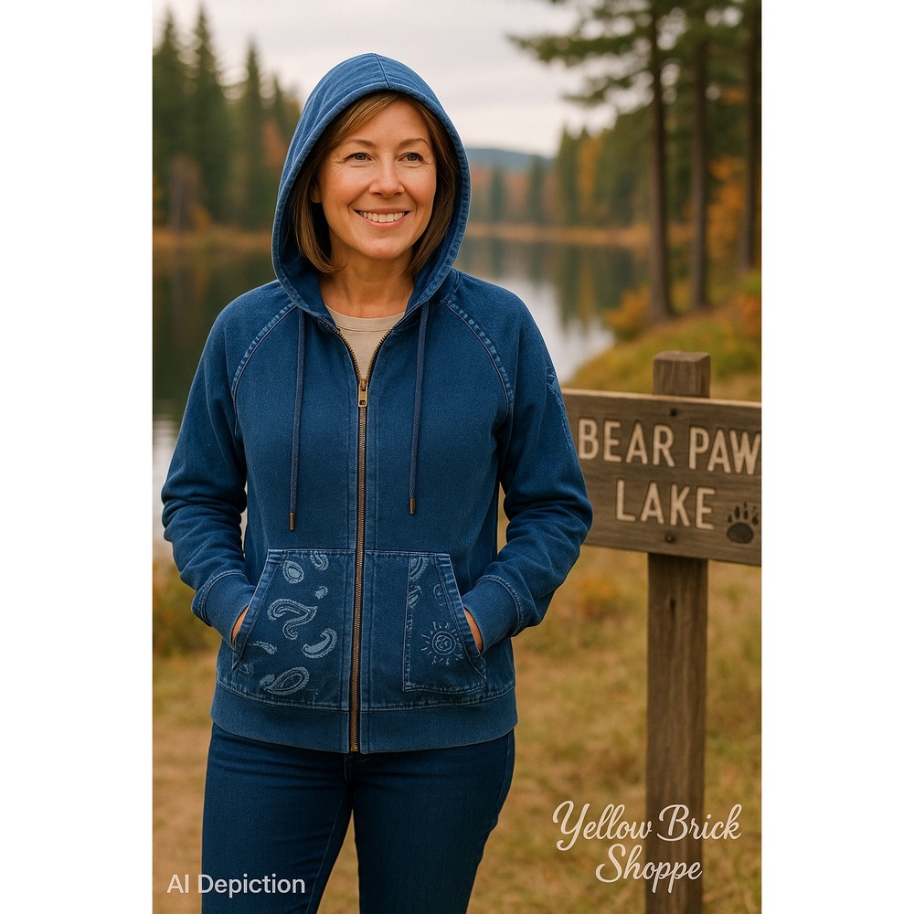 Bearpaw Denim Blue Hooded Zip-Up Jacket | Bandana Print Pockets | Size Small